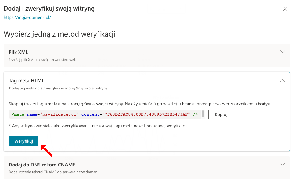 bing webmaster weryfikacja własnosci witryny