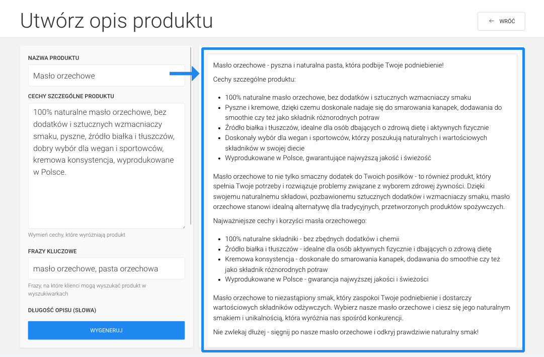 generator opisu produktu AI