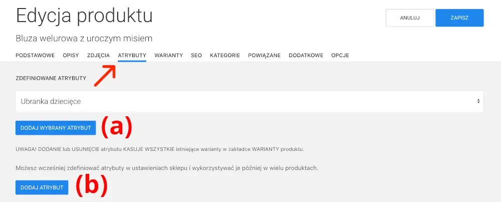 dodawanie grupy wariantów atrybutu do produktu