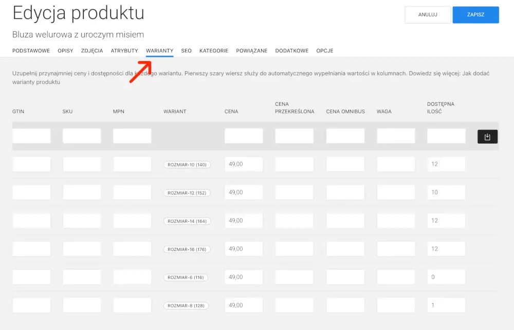 tabela z wariantami produktu