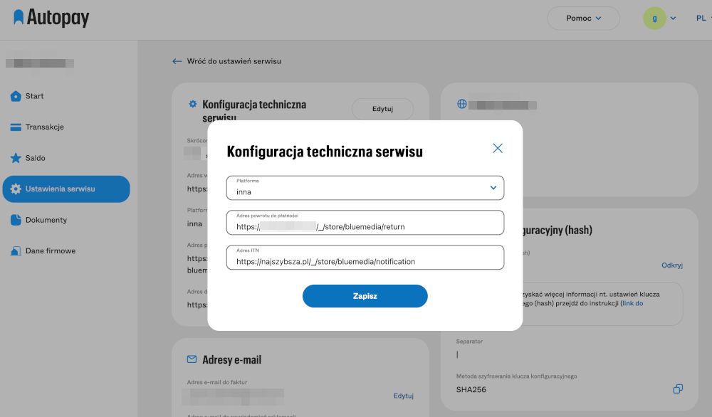 adresy notyfikacji i powrotu po transakcji AUTOPAY