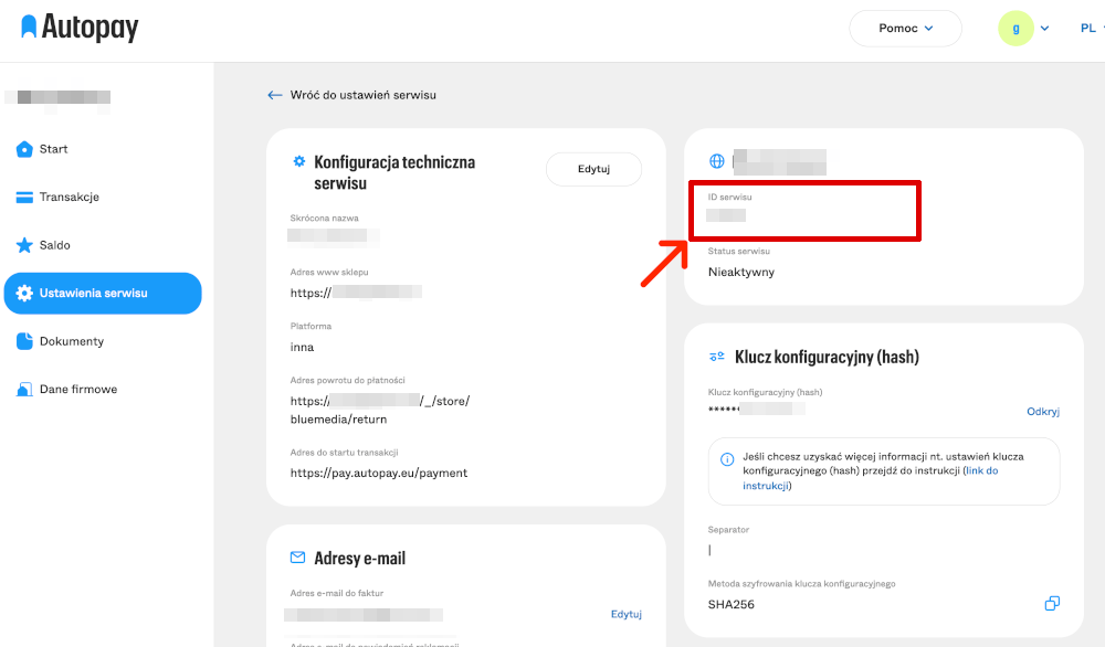 id sklepu id serwisu