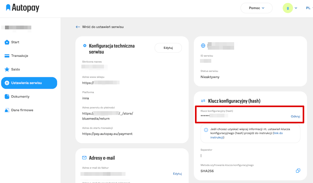 Autopay klucz konfiguracyjny hash