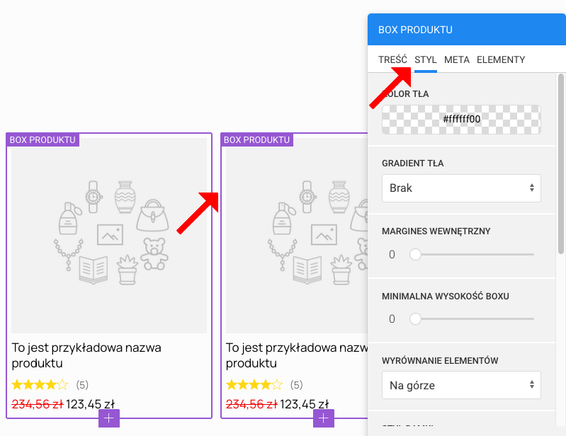 ustawienia boxu produktowego