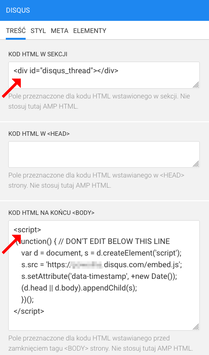 dodawanie kodu disqus