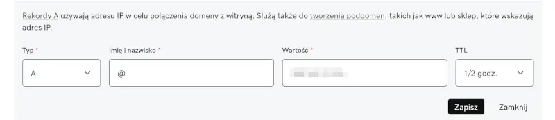 rekord A panel godaddy rekordy DNS