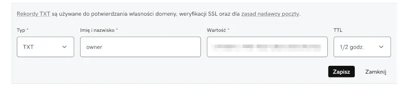 rekord txt panel godaddy rekordy DNS