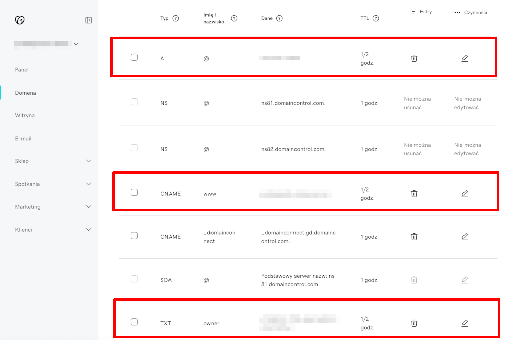 Godaddy ustawione rekordy DNS w panelu