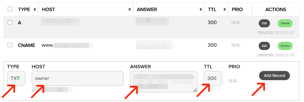 rekord txt panel name com rekordy DNS