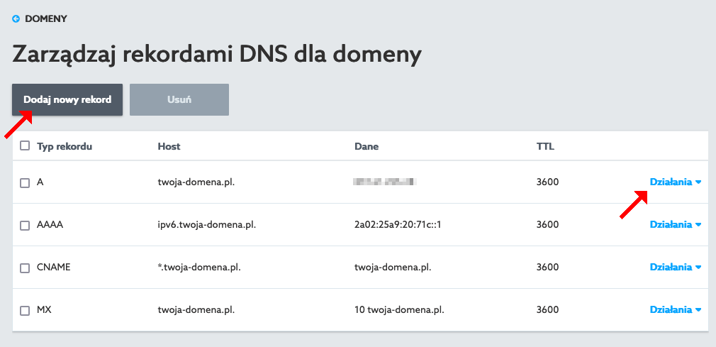 zarządzanie rekordami domeny DNS HOME