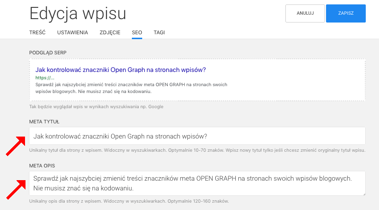 edycja wpisu meta tytuł i meta opis