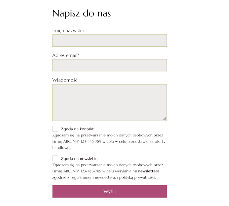formularz kontaktowy z checkboxami polami wyboru zgody