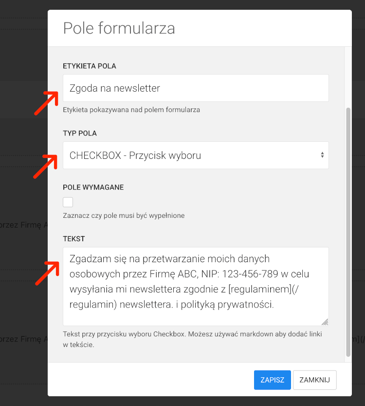 ustawienia formularza checkbox