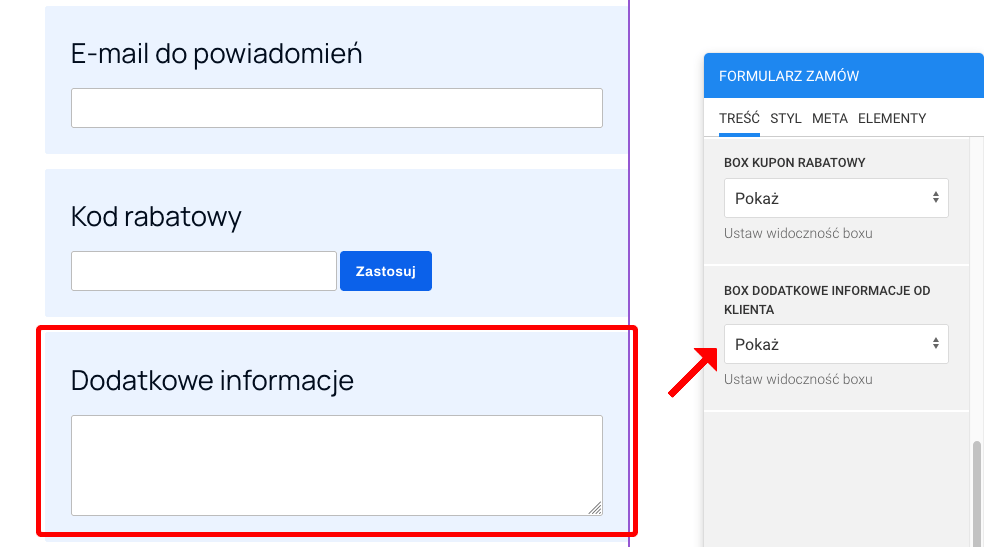 dodatkowe informacje od klienta box w formularzu zamówienia