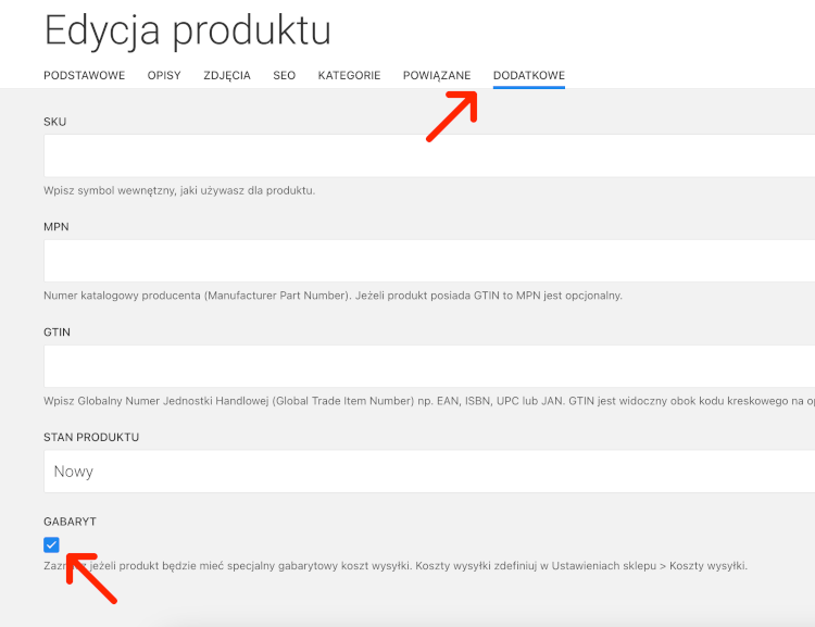 opcja gabaryt w ustawieniach produktu