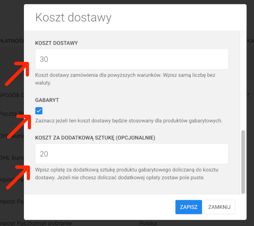 dodatkowy koszt dla gabarytu