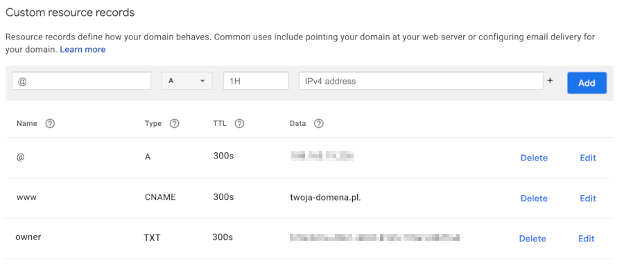 rekordy dns google domains