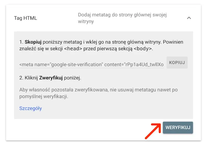 weryfikacja meta tagu w google search console