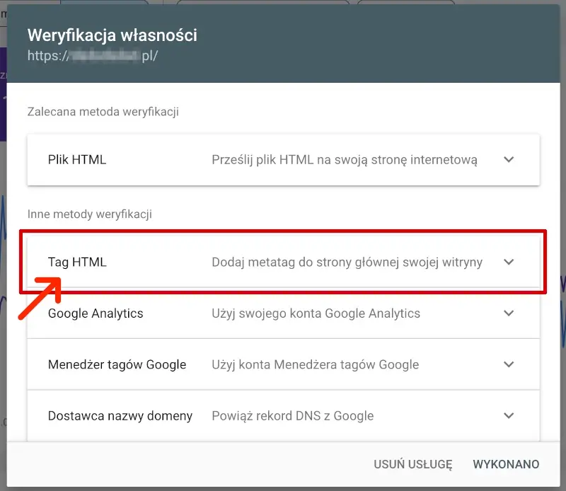 typ potwierdzenia własności domeny: HTML TAG