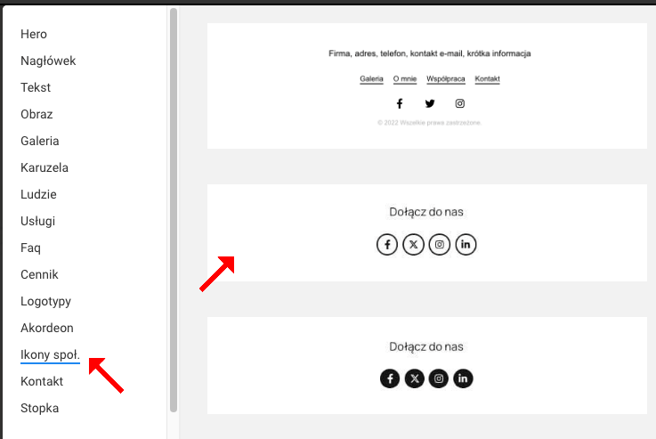 dodaj sekcje z ikonami spolecznosciowymi na stronę
