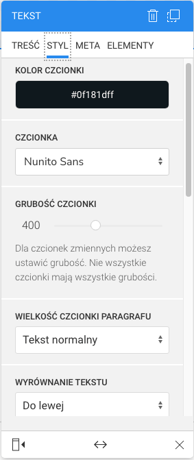 element tekstowy ustawienia