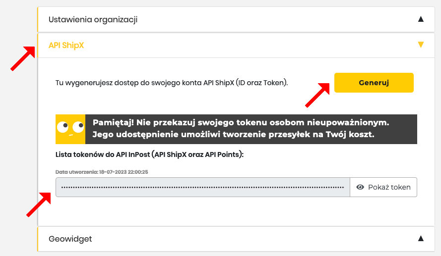 inpost integracja generowanie klucza dostępu do API token