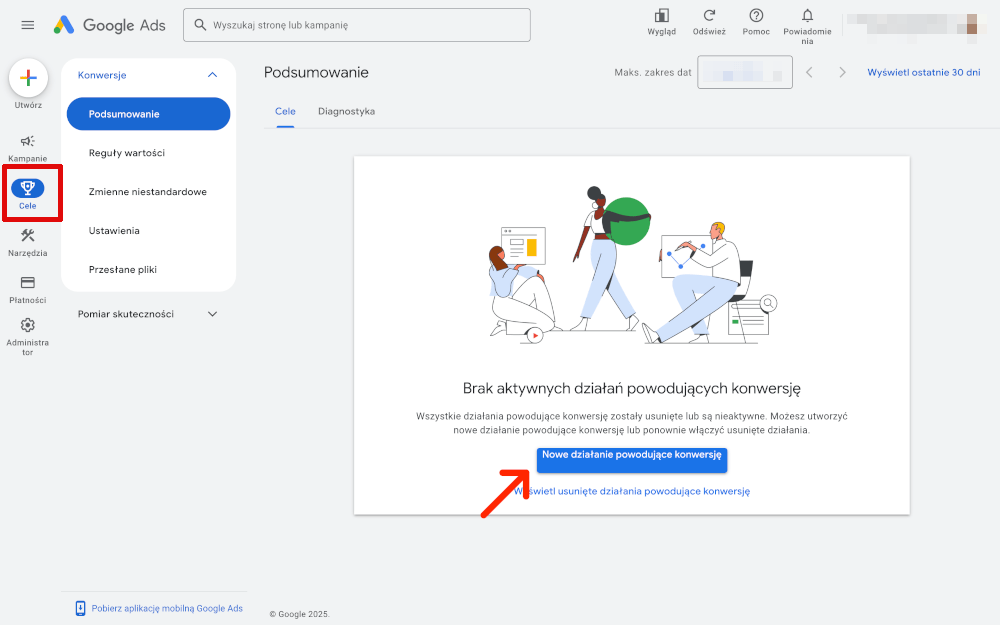 google ads cele nowe działanie powodujące konwersję
