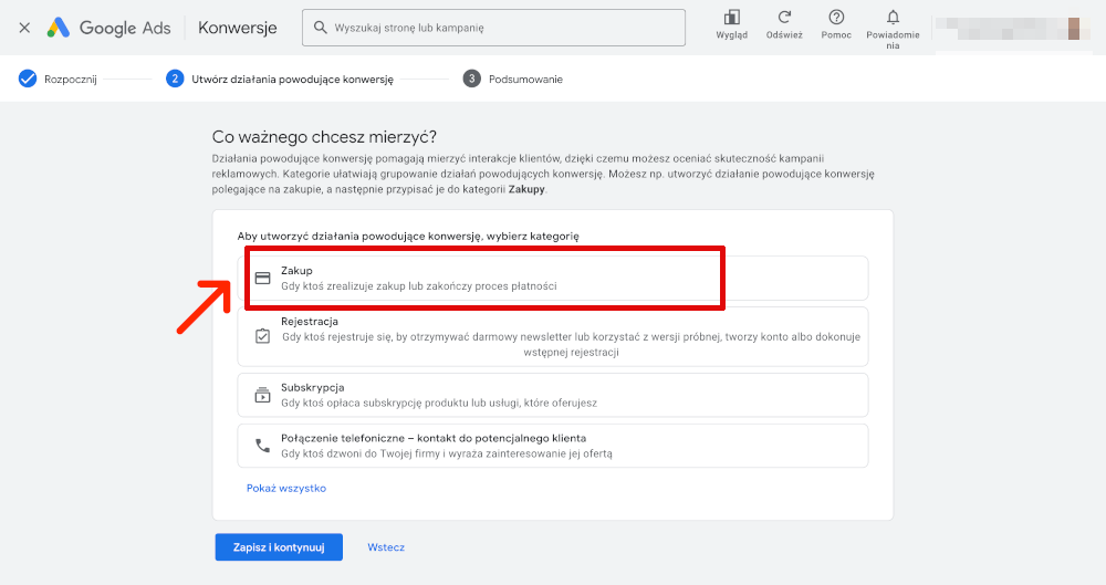 google ads cele nowe działanie powodujące konwersję zakup
