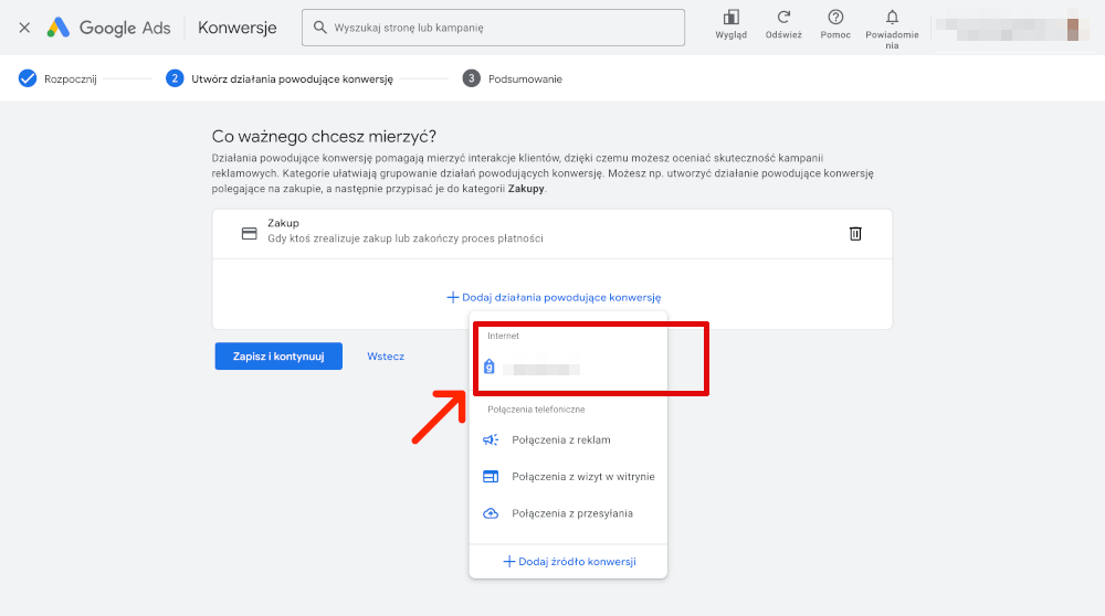 nowe zdarzenie zakupu konfiguracja google ads