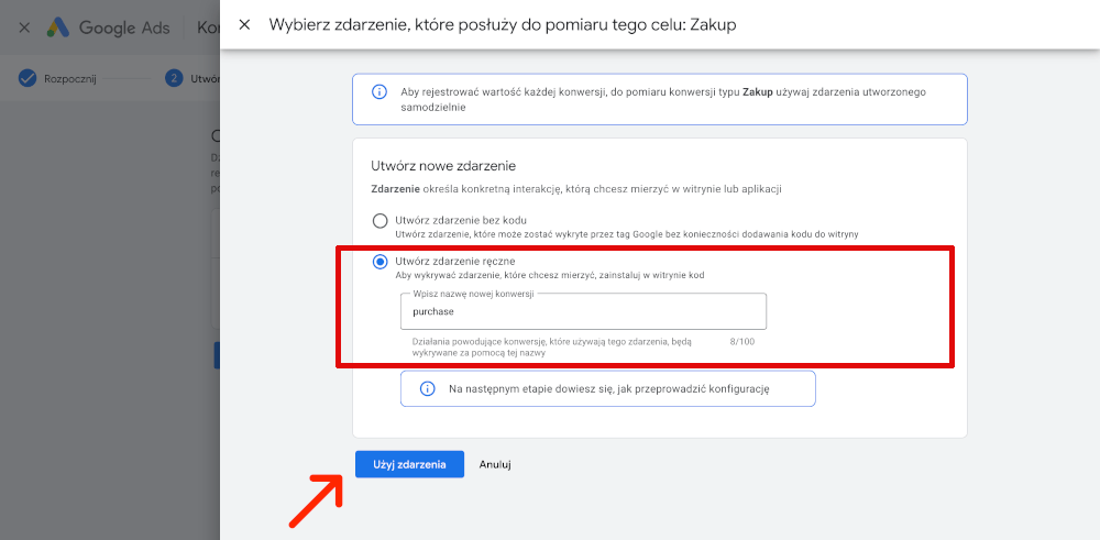 zdarzenie konfiguracja ręczna zakup w sklepie google ads