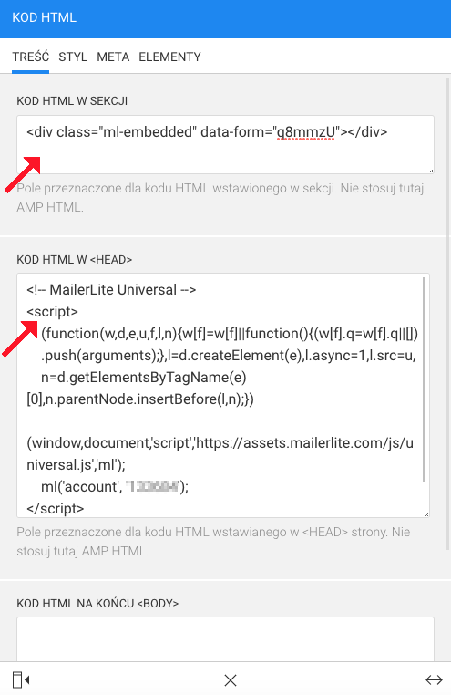 kod snippet mailerlite