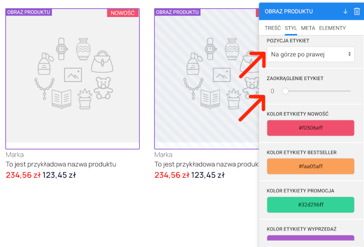 dostosuj wygląd etykietek kształt, wyrównanie i kolor