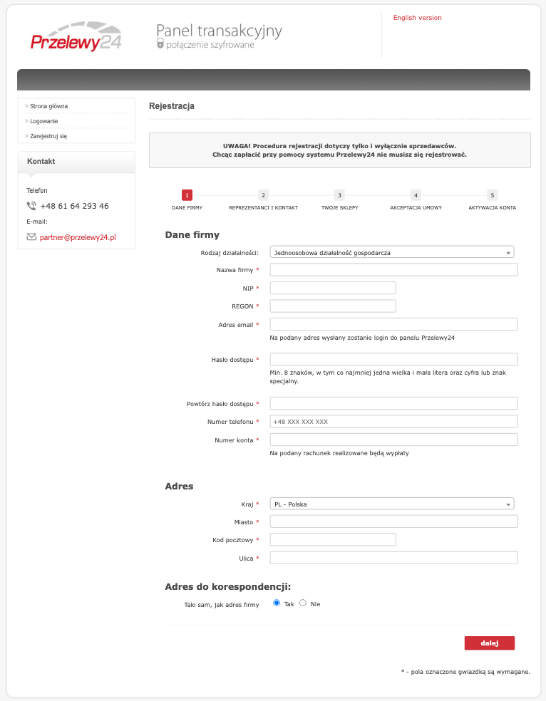 formularz rejestracji konta w przelewy24