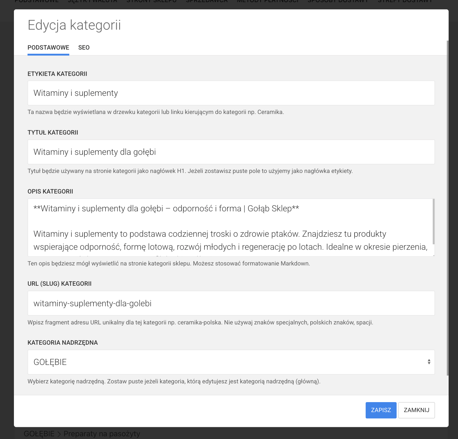 edycja kategorii w sklepie