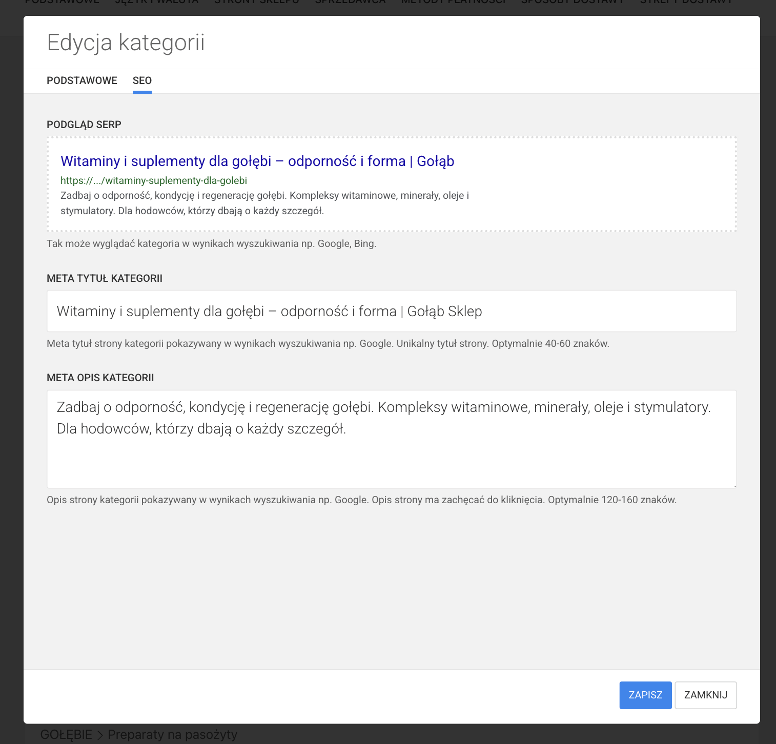 edycja kategorii w sklepie ustawienia SEO