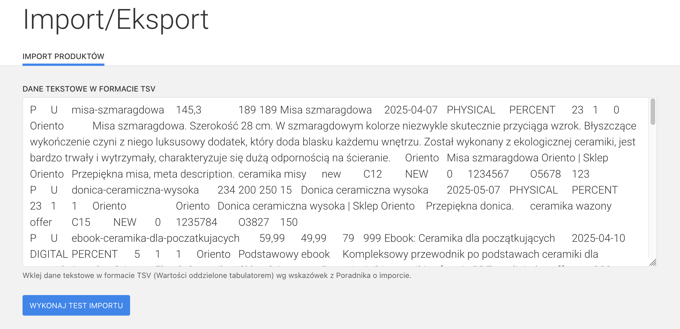 test importu produktów