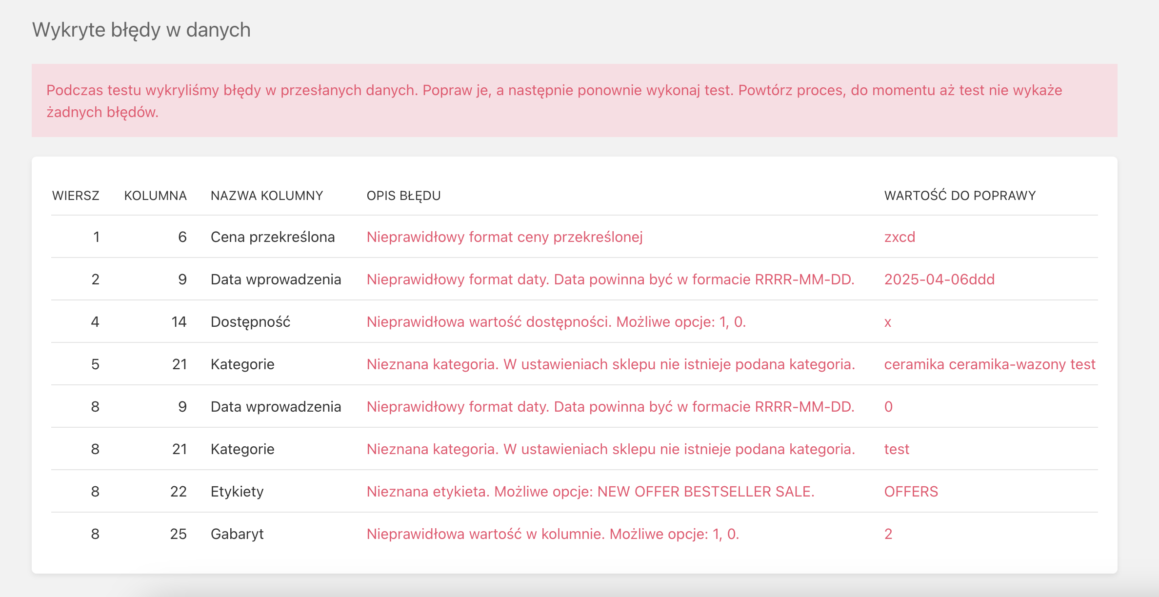 błędy w imporcie produktów