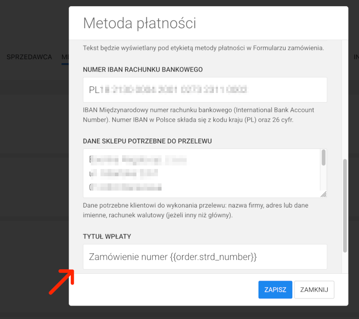 tytuł wpłaty z numerem zamówienia