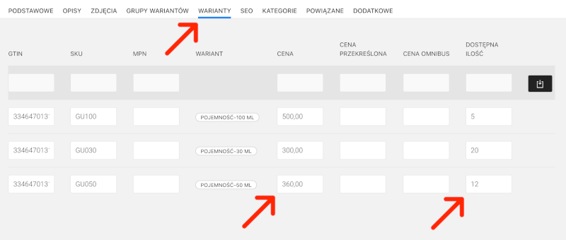 tabela z wariantami produktu