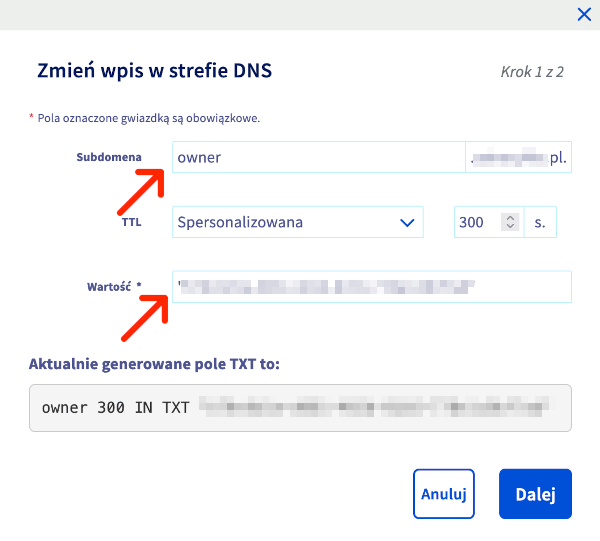 rekord TXT do weryfikacji domeny w strefie DNS domeny OVH