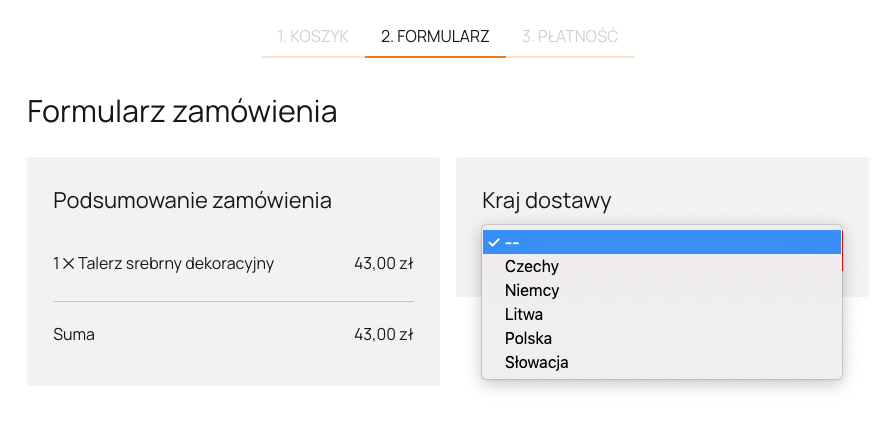 formularz zamówienia ze strefami dostawy