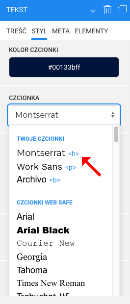 style globalne czcionki w inspektorze