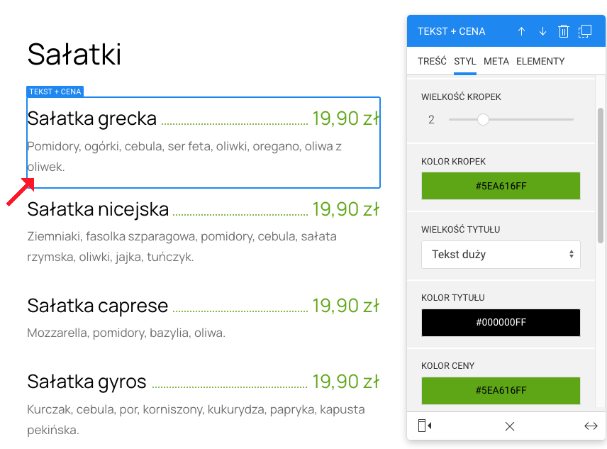 cennik usług lub produktów na stronie ustawienia elementu