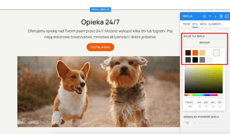 wybierz kolor tła sekcji na stronie