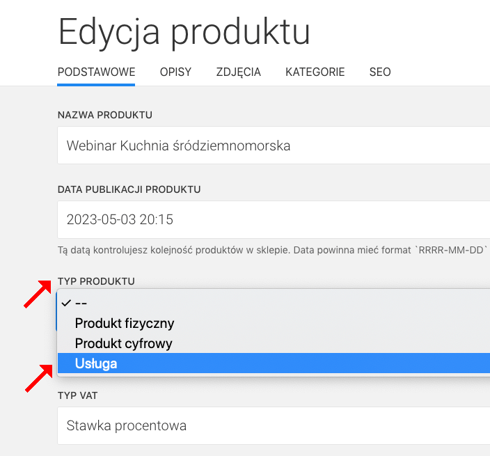 typ produktu usługa