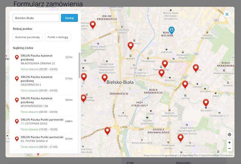 mapa furgonetki w sklepie internetowym