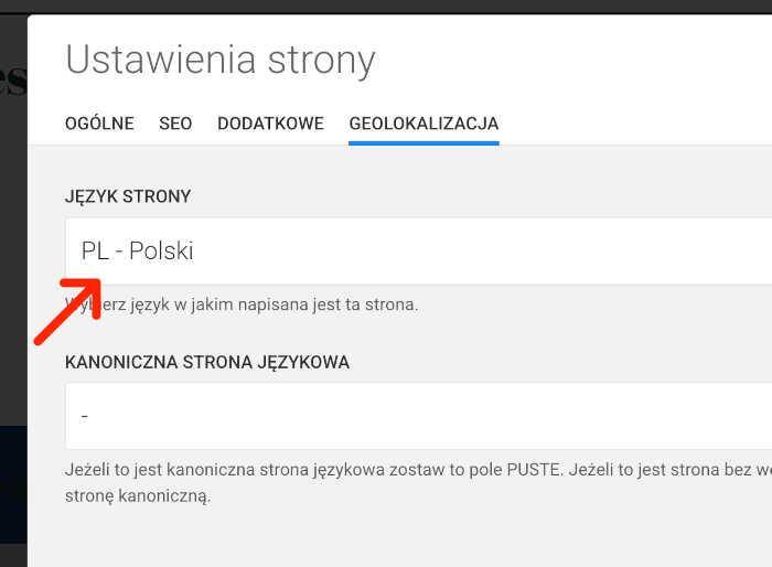 ustawienia strony wybór języka