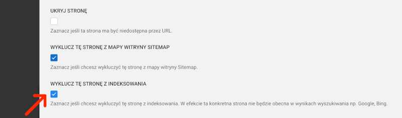 wyklucz stronę z indeksu