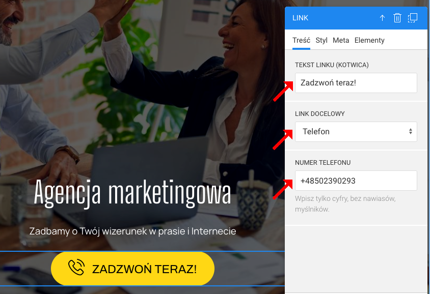 ustawienia linku click and call kliknij i zadzwoń