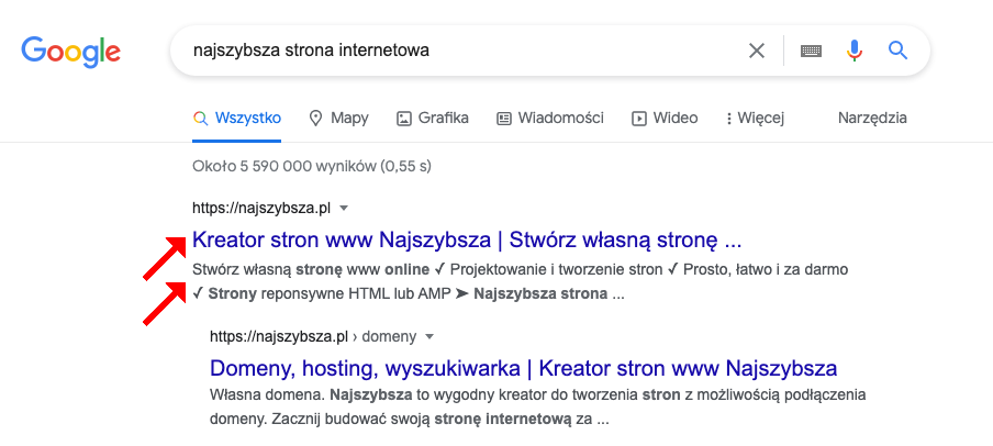 wyniki wyszukiwania tytuł i opis strony